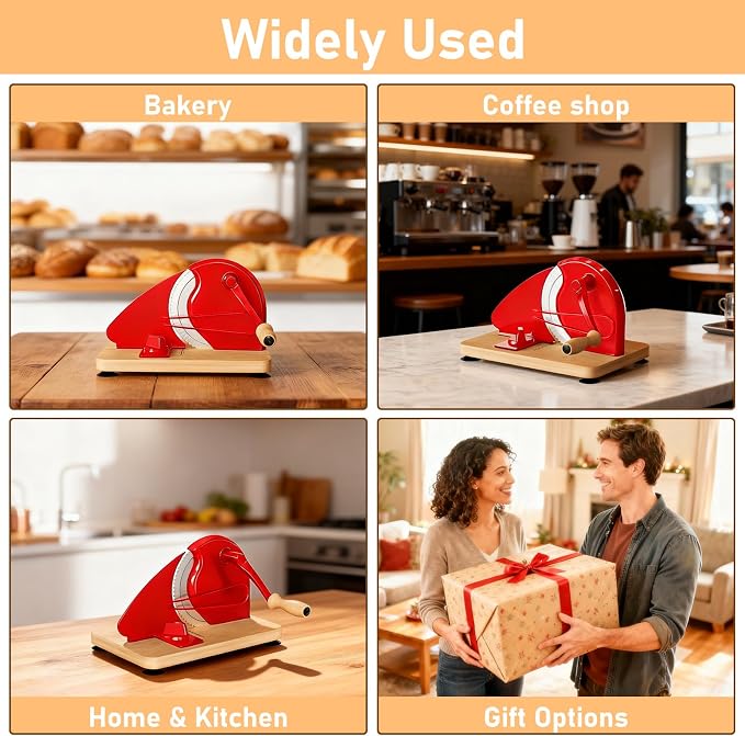 Manual Bread Slicer for Homemade Sourdough Bread with 25 Set Paper Bread Bags, Adjustable Thickness, Hand Crank Sourdough Bread Slicer with Stainless Steel Blade, Suction Cup and Guide Rail, Red