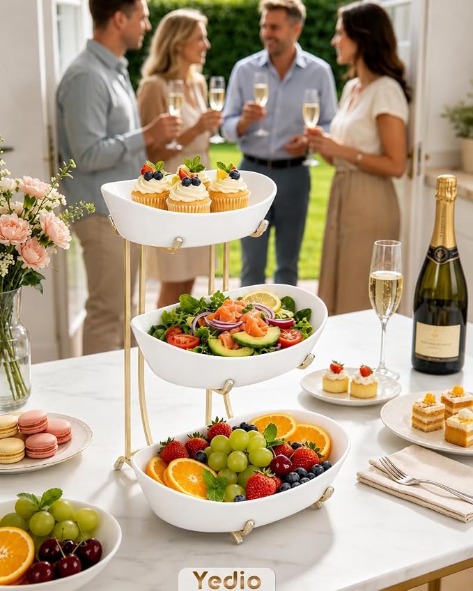 3 Tier Fruit Bowl for Kitchen Counter, No Assembly Required Ceramic Fruit Basket with Metal Stand, Tiered Fruit Stand for Countertop for Fruit, Veggies, Snacks, Cake & Desserts