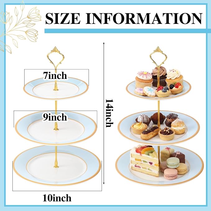 CHENGU 3 Tier Cupcake Stand Blue Ceramic with Gold Frame, 10" 9" 7" Dessert Tower for Baby Shower Birthday Wedding Tea Party, Tiered Cake Holder Display for Cupcakes Pastries Fruits