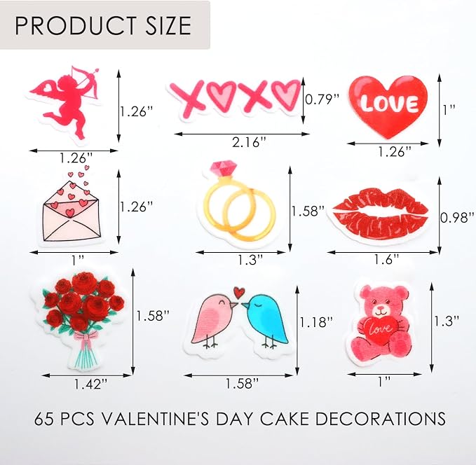 65PCS Valentine's Day Edible Cupcake Toppers & Cake Decorations Romantic Wafer Paper Assortment with Hearts, Cupid Flowers for Anniversary & Wedding Party Desserts