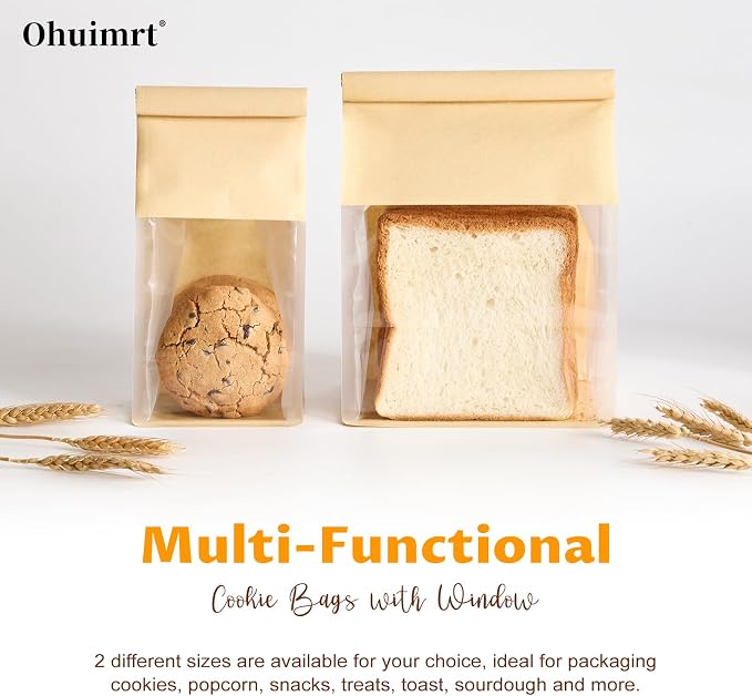 Sourdough Bread Bags with Tin Tie Tab Lock, 50 PCS, 10.3 x 6.3 x 5.1 Inch | Paper Bakery Bags with Window For Homemade Breads Cookies, Bagels, Pastries Bake Sale Packaging