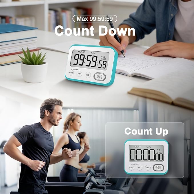 Digital Kitchen Timer Magnetic Loud Alarm, Large LCD Screen Silent/Beeping Multi-Function for Teachers Classroom Kids, Sky Blue