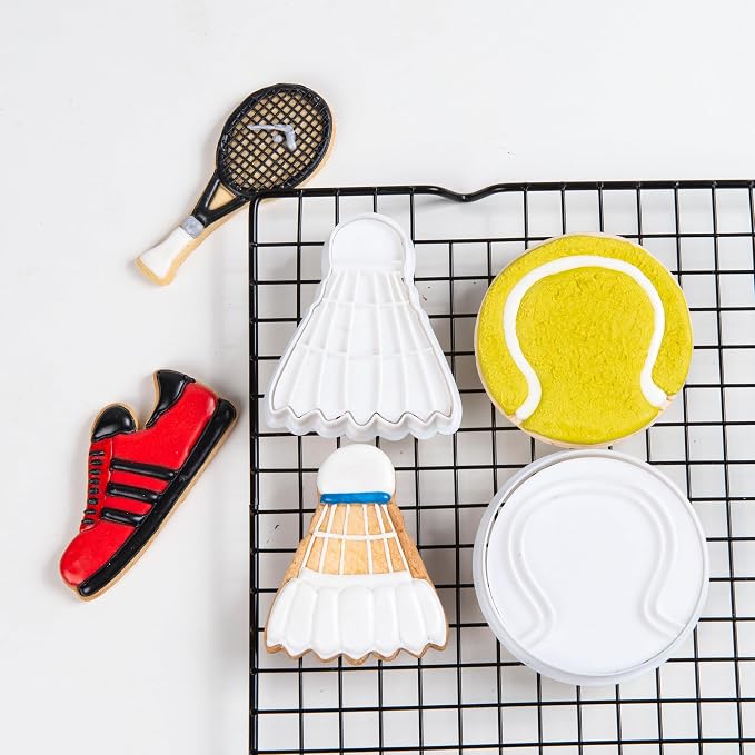 Mostop Sport Cookie Cutter with Stampers Soccer Cookie Cutter Set, Tennis, Tennis Racket, Sports Shoes, Badminton, Cake Decoration Tools Party Supplies Favors