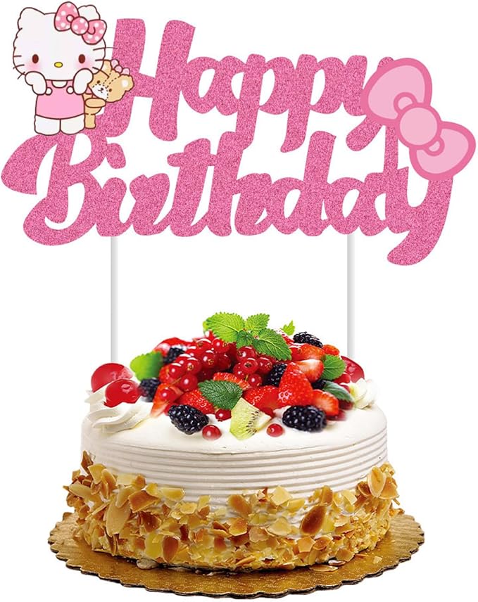 Cute Birthday Cake Decorations, Happy Birthday Cake Topper Glitter, Cartoon Theme Party Cake Decorations Supplies (Pink)