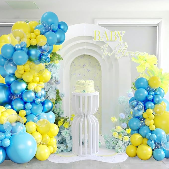 Cartoon Sponge Balloon Garland Arch Kit, 143Pcs Light Metallic Blue Yellow Clear Teal Balloons for Baby Shower Gender Reveal Birthday CartoonThemed Party Decorations