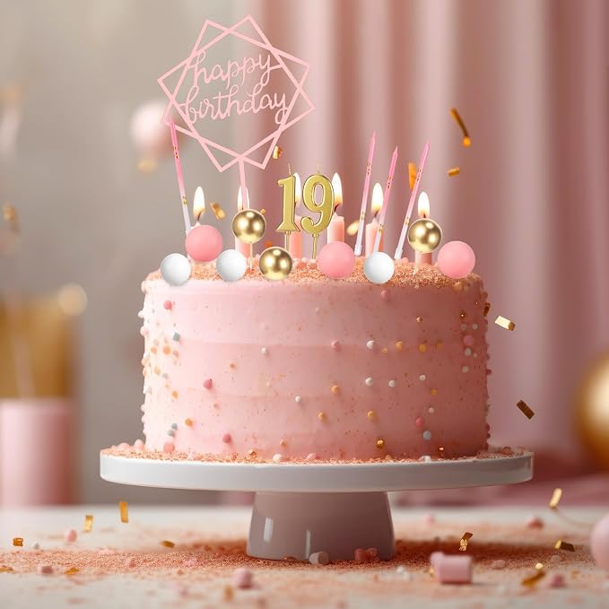 Yerliker 34 Pcs Happy Birthday Cake Toppers Decorations Birthday Candles DIY Cake Decor for Men Women Wedding Anniversary(Pink)