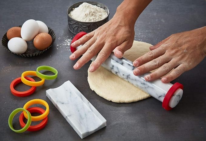 JEmarble Adjustable Rolling Pin with Silicone Guide Rings (Premium Quality)