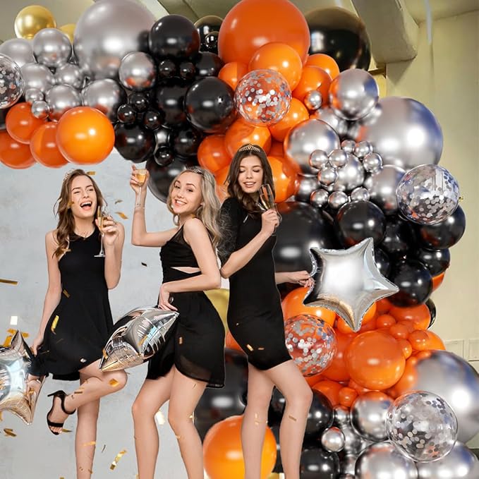 Orange Black and Metallic Silver Balloons Garland Arch Kit, 146 Pcs Latex Balloons with Confetti for Birthday Party Graduation Father's Day Anniversary Bachelorette Party Decoration