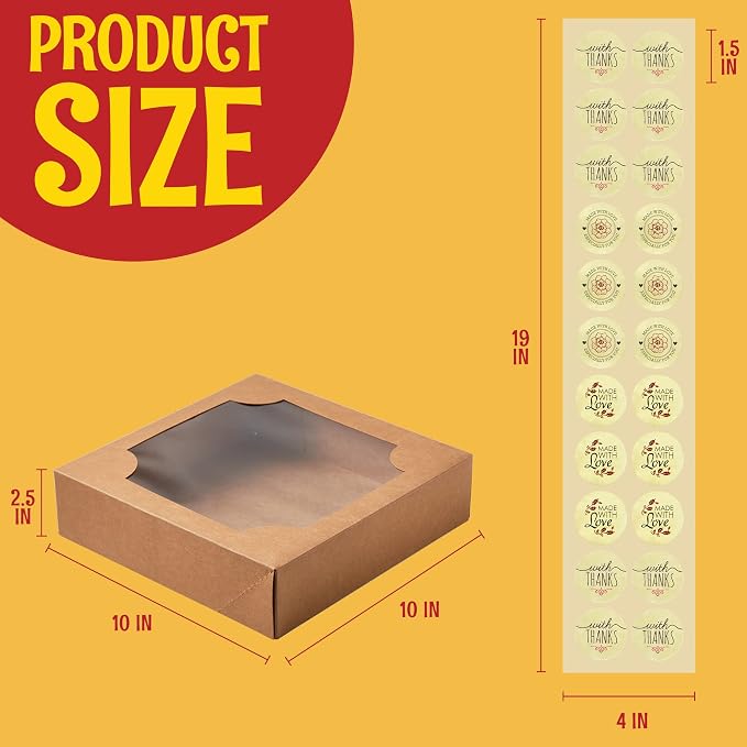 JOYIN 15 Pcs 10x10x2.5 inch Designer Kraft Bakery Boxes with Stickers, Perfect for Cakes, Pies, Cookies, Muffins, Thanksgiving & Christmas