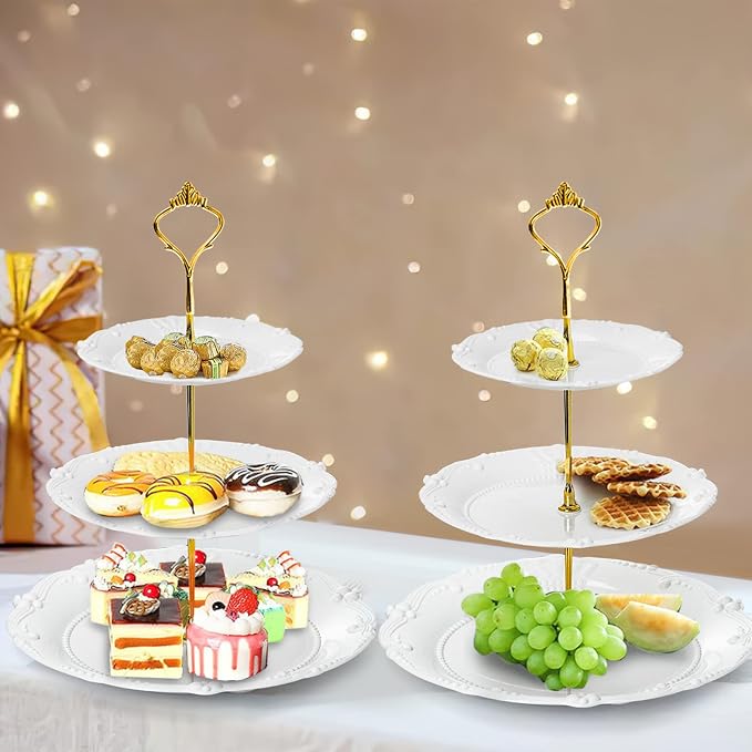 Fasmov 3 Pack Plastic Cupcake Stand, 3 Tier Cupcake Stand Dessert Plates Cake Fruit Candy Display Tower Reusable Pastry Platter for Wedding Birthday Baby Shower Tea Party Decorations - White