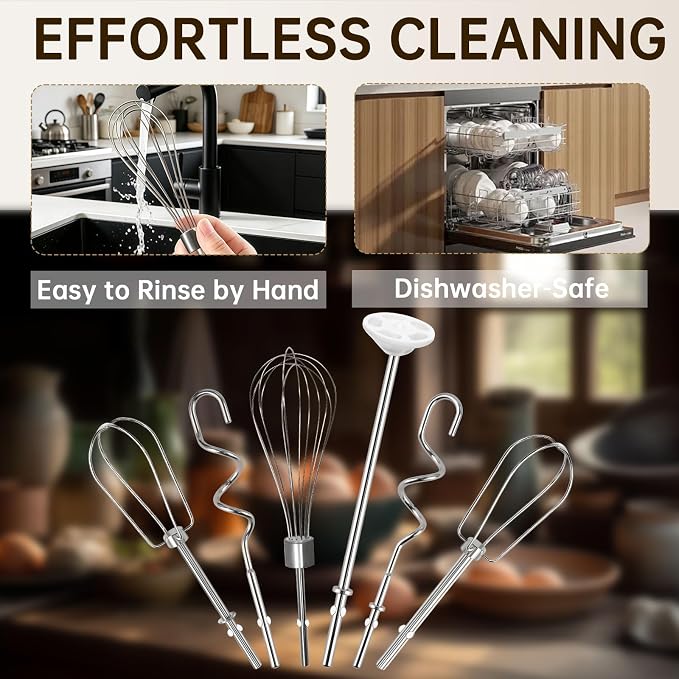 Hand Mixer Beaters Attachments for KitchenAid KHM Series, Stainless Steel Turbo Beater, Pro Whisk, Dough Hooks & Blending Rod Replacement Parts Compatible with KHM512 KHM926 KHM7210 KHM6118 (C (6PC))