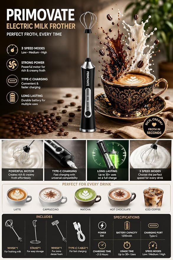 Rechargeable Milk Frother Handheld, Electric Coffee Frother with 2 Whisk, 3-Speed Powerful Drink Mixer, USB-C, Milk Foamer for Coffee,Latte,Cappuccino,Matcha & HotChocolate (Black+Stand)