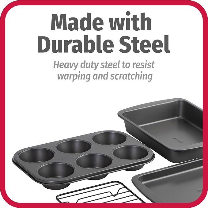 GoodCook 4-Piece Nonstick Steel Toaster Oven Set with Sheet Pan, Rack, Cake Pan, and Muffin Pan, Gray, 4-Piece Set Distributes Heat Evenly, Nonstick Coating, Dishwasher-Safe