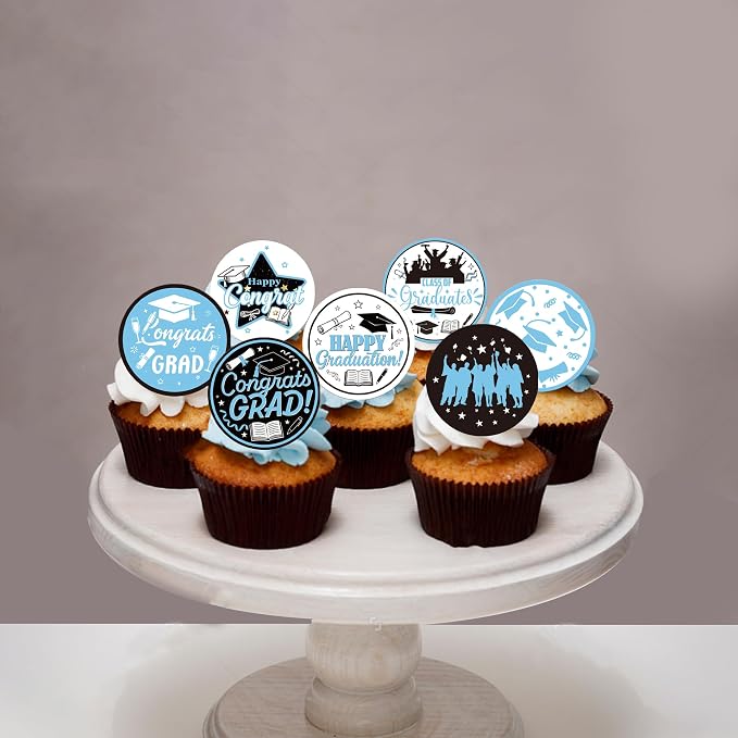 63 PCS Edible 2026 Graduation Cupcake Toppers Wafer Paper Class of 2026 Cake Decorations Edible Diploma Congrats Grad Cap Cupcake Picks for 2026 Colleage Graduation Theme Party Supplies Light Blue