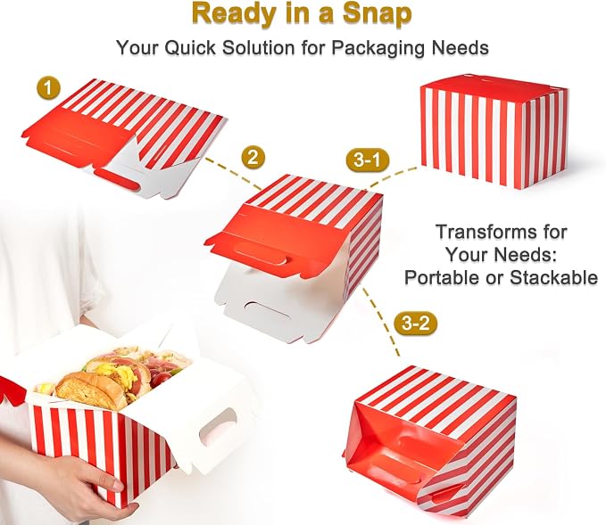 Happyhiram 40-Pack Large Gable Boxes Red Striped- 9x6x6 Inch Sturdy Cardboard Containers for Christmas Gifts, Box Lunches, Cookies, and Birthday Wedding, Easy to Assemble with Handles