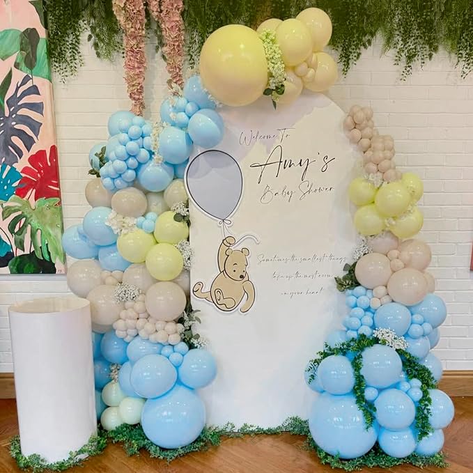 Pastel Blue Yellow Balloon Arch Kit 154pcs Macaron Baby Blue Pastel Yellow and Light Brown Latex Balloons for Baby Shower Bee Bear Theme Birthday Bridal Wedding Party Decorations