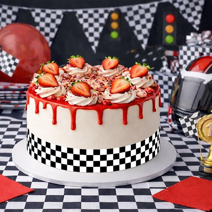 3pcs Edible Checkered Cake Border, 28x6.2cm/11x2.44in Black & White Flag Print Racing Pre-Cut Race Car Image Wrap Rice Paper Sheet for Birthday Decor Side Strip Topper Party Decoration