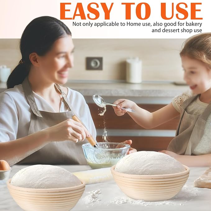P&P CHEF Bread Proofing Baskets for Sourdough, 9 Inch Proofing Basket Set of 2, Dough Making Baskets, Ideal for Professionals and Beginner Baker, Handmade Rattan Basket with Cloth Liner, Round