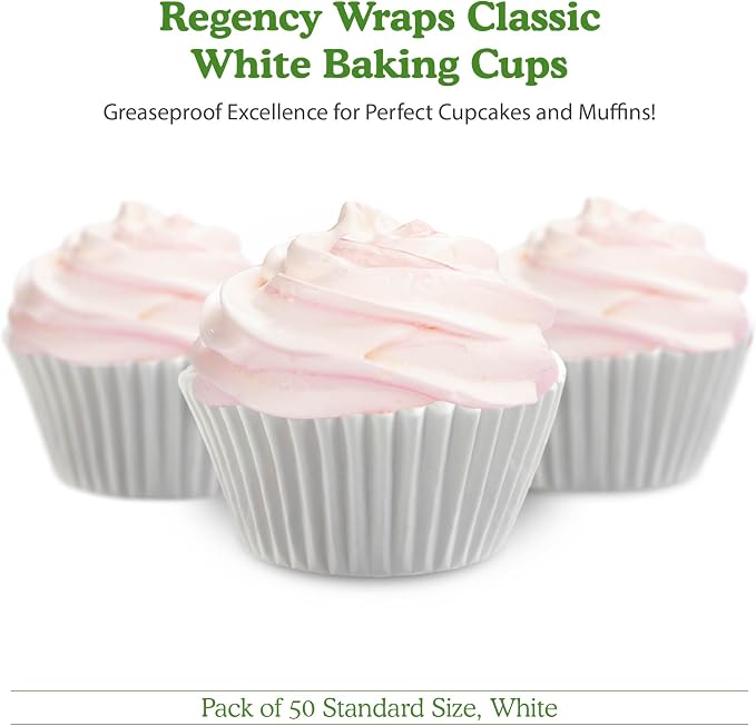 Regency Wraps Baking Cups, Greaseproof Cupcake Muffin Liners, Non-Stick for Easy Removal and Easy Serving of Baked Treats, Pack of 50 Standard Size, White