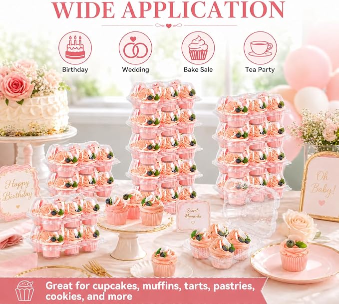 Cupcake Containers Holder - 6 Counts x 30 Sets Stackable Cupcake Boxes Carrier with 200 Pack Liners, Plastic Disposable Clear Cupcake Storage Tray with Detachable Dome Lid for Mini Individual Cake