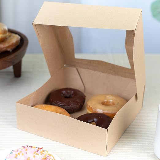SCT Kraft Window Bakery Box (200 Quantity) 8x8x2.5, Automatic Bakery Carrier for Pies, Donuts, Pastries, Kraft with Clear Lid, 24013K