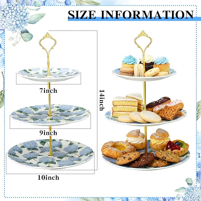 Lallisa 3 Tier Blue Hydrangea Cake Stand 10", 9" and 7" Ceramic Serving Tray Dessert Cupcake Display Holder Tower for Wedding Baby Bridal Shower Tea Party Decoration