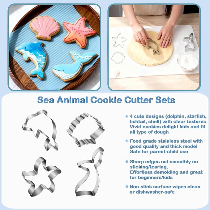 Mermaid Ocean Cookie Cutters- 4" Large Under The Sea Creatures Cute Cookie Cuttesr For Holiday Themed Parties, Mermaid Tail, Starfish, Seashell,Dolphin (4Pcs)