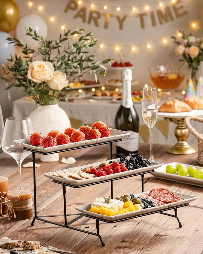 LAUCHUH 3 Tier Serving Tray, Porcelain Serving Platters and Trays for Party 12 Inch Tiered Tray Stand Cupcake Stand with Collapsible Sturdier Rack for Father's Day Serving Food, Speckled Glaze