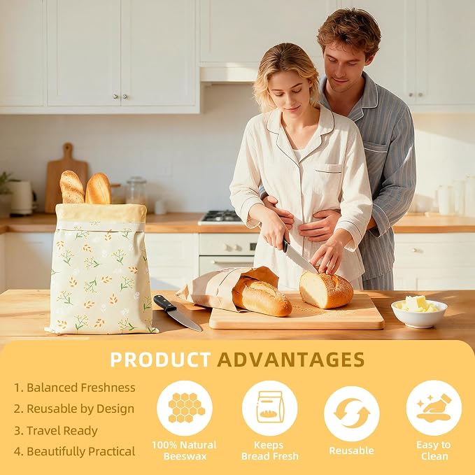 2 Pack Beeswax Bread Bags for Homemade Sourdough Bread, Includes 2 Wraps, 17×13 Inches Organic Cotton Bread Storage Bags, Keeps Bread Fresh, Ideal for Bakers, Kitchen, Travel (Tiny Floral)
