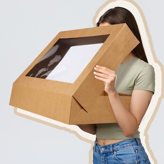 Gersoniel 19x14x4 Inch Half Sheet Cake Boxes Large Rectangle Bakery Boxes with Window Cardboard Treat Packaging Bakery Take out Containers for Pastry Baking Donuts Cupcake Pie(Brown,10 Pack)