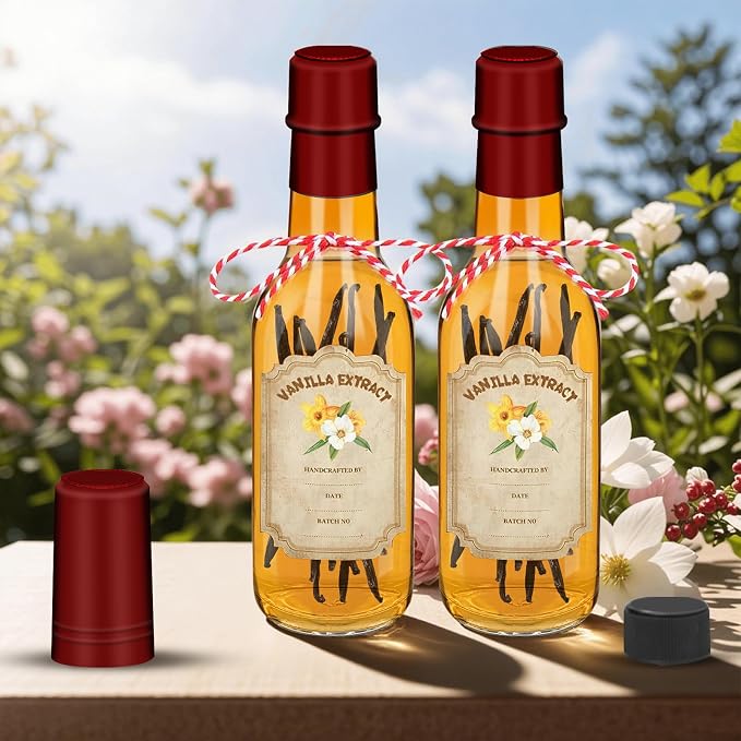 16 Pack 5 oz Glass Vanilla Extract Bottles with Lids, Labels, Shrink Bands & Funnel – Ideal for Syrup, Essential Oils, and Homemade Extract Gifting