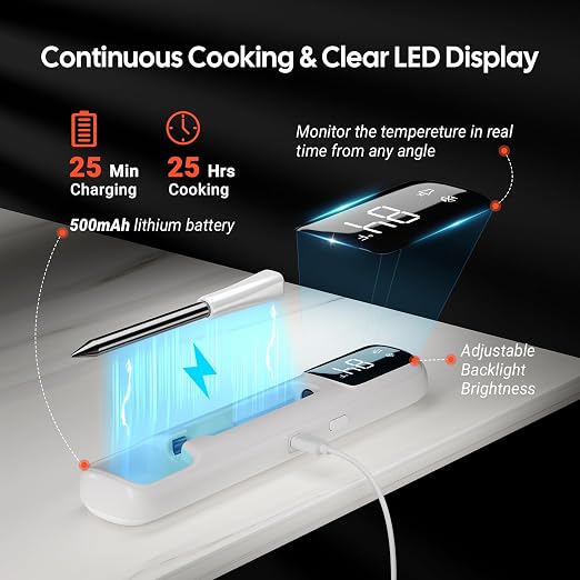4-inch Short Probe Wireless Meat Thermometer – 1000ft Bluetooth, Clear LED Display, 60-Min Offline Data Storage – Digital Food Thermometer for BBQ, Grill, Oven, Rotisserie