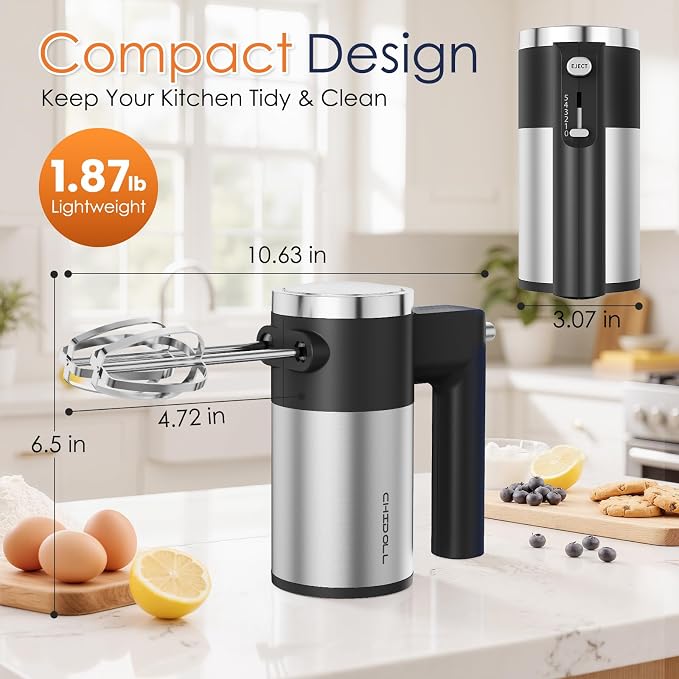 CHIDOLL 600W Hand Mixer, 5-Speed Electric Hand Held Mixer for Baking, Lightweight Stainless Steel Hand Beaters *2 & Dough Hooks*2 with Eject Button, Kitchen Mixer for Cream, Cookies, Dough