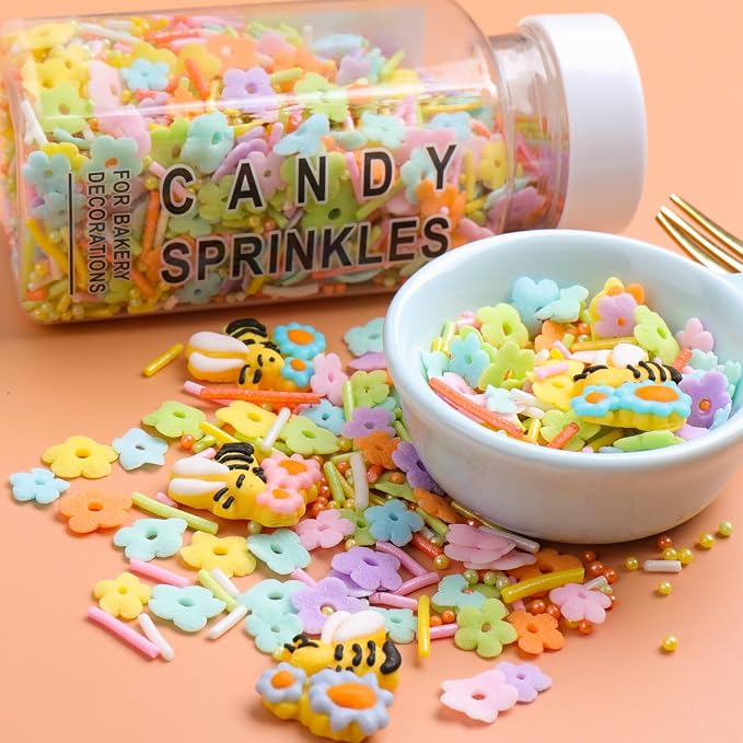 Easter Sprinkles Edible, Pastel Flower Sprinkles for Cake Decorating, Edible Flower and Bee Sugar Mix, Perfect for Cake Decorations, Baking, Ice Cream, Cookies, Cupcake Topping