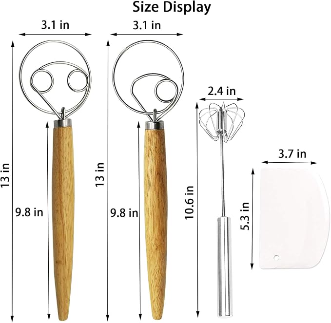 Listenman Danish Dough Whisk Bread Mixer & Egg Whisk Kits, 2 Pack Premium Stainless Steel Dutch & 1 Pack Hand Push Rotary Blender for Pastry Pizza Dough, with a Dough Scraper for Bread