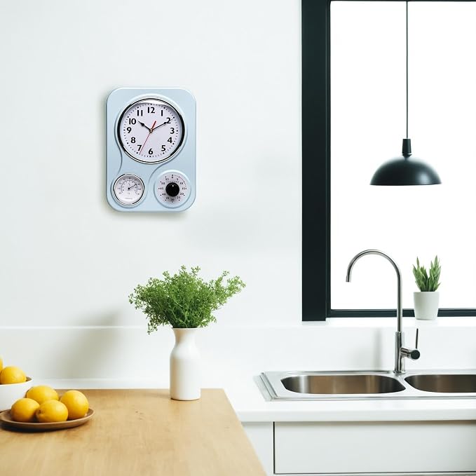 Lily's Home - 9 Inch x 12.5 Inch - Retro Kitchen Wall Clock, Vintage Wall Clock with a Thermometer and 60-Minute Timer, Ideal for Any Kitchen, Office, or Diner (Light Blue)