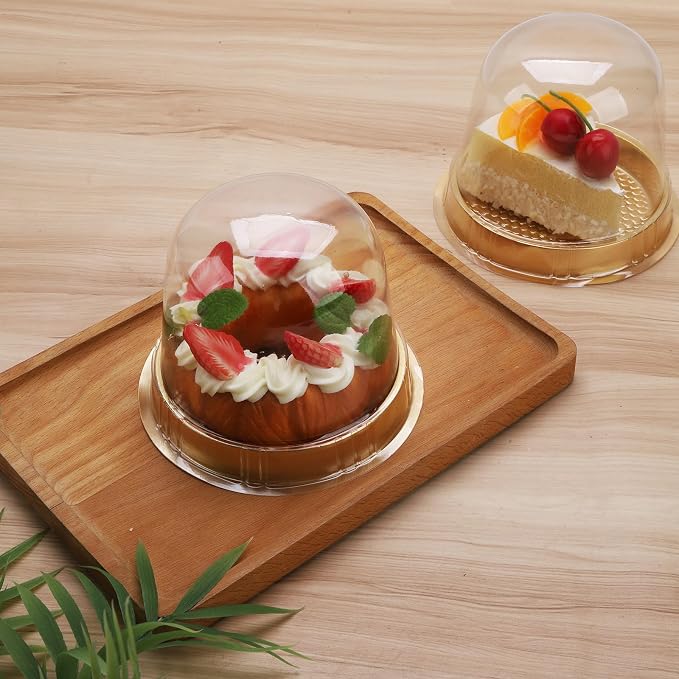 Hewnda 50 Sets Cake Box - Internal Size Diameter 4-3/8 Inch X Height 4-1/8 Inch Clear Plastic Dome Carrier - Single Cake Container Carry Reinforcement Stickers (Gold)