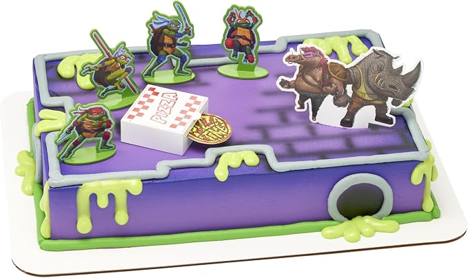 DecoSet® Teenage Mutant Ninja Turtles™ Pizza Power Cake Topper, 6-Piece Cake Decoration With Turtle Figurines, Cake Pic, And Pizza Launcher ! | For Birthday, Parties, Celebration