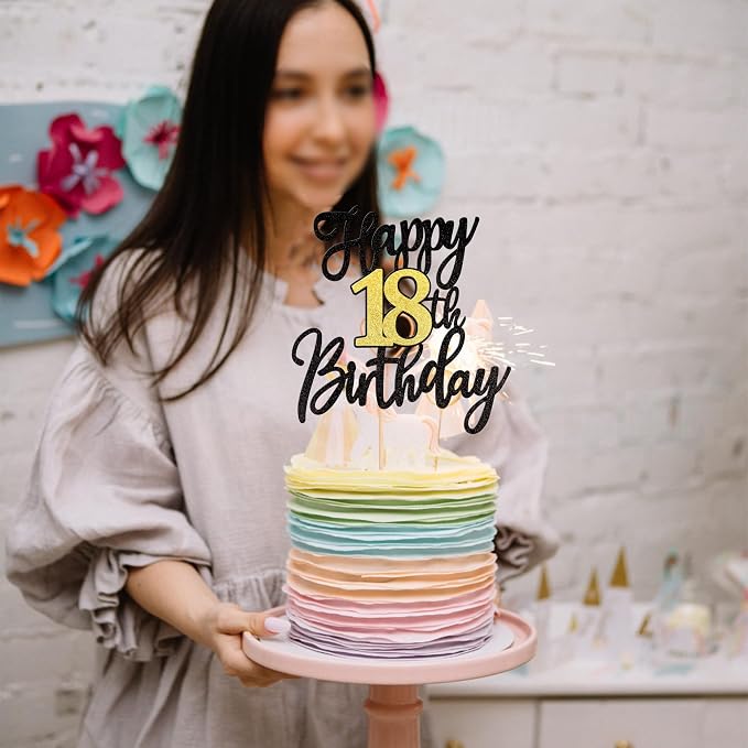 1 PCS Happy 18th Birthday Cake Topper Black Gold Glitter Cheers to 18 Years Birthday Cake Pick 18 Fabulous Cake Decoration for Happy 18th Birthday Anniversary Party Cake Decorations Supplies