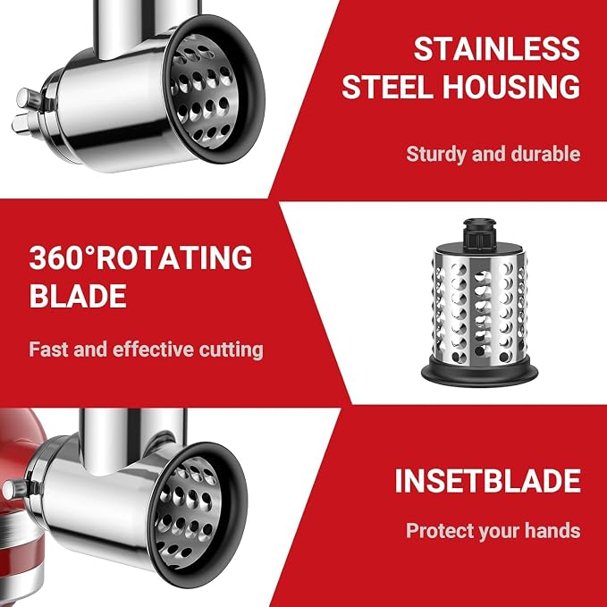 COFUN Stainless Steel Slicer Shredder Attachment for KitchenAid Stand Mixer | 4 Blades, Cheese Grater, Grinding Powder, Vegetable Slicer Shredder, Salad Maker, Dishwasher Safe