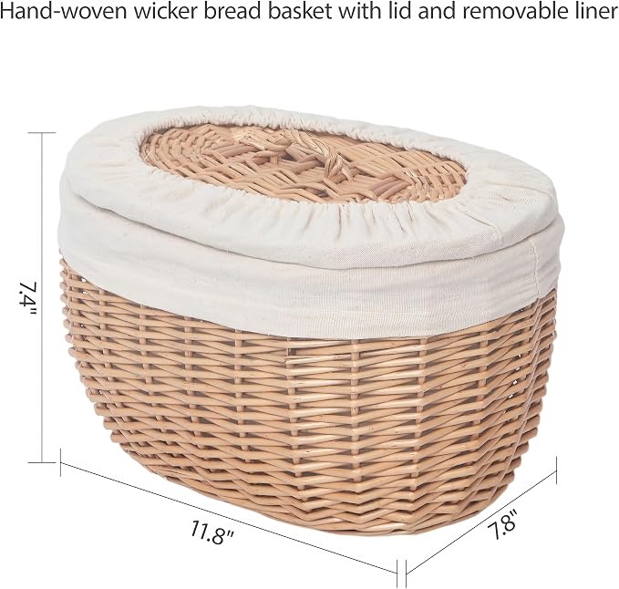 Wicker Bread Basket Serving with Lid & Removable Lining, Sourdough Proofing Basket,Eco-friendly Bread Storage basket Ideal for Picnics & Dining (Oval)
