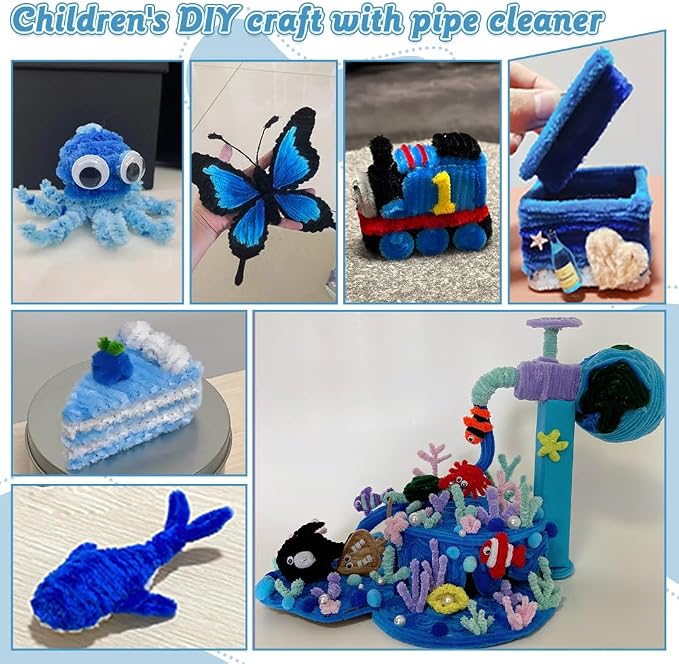 AHAMETON 620Pcs Blue Pipe Cleaner Flower Kit, 6 Colors Bulk Pipe Cleaners Craft Supplies with Wires, Stamens, Ribbon, Tapes, Card, DIY Flower Making for Gifts Home Decoration, Party School Crafts
