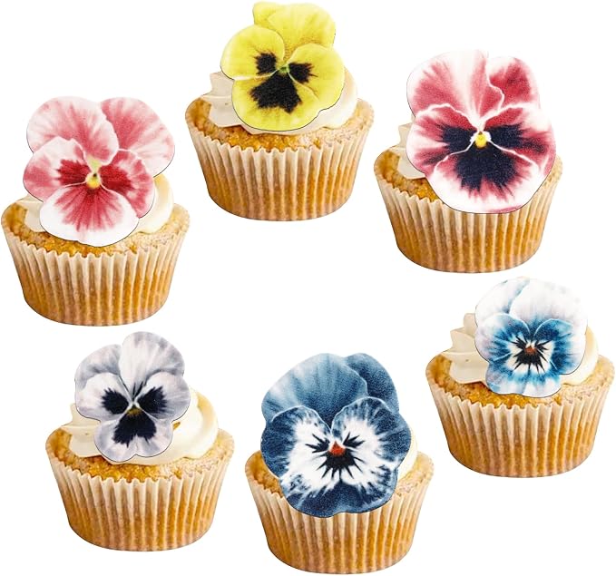 60 PCS Edible Flowers Cupcake Toppers Pansies Spring Edible Flowers Cake Decorations Bridal Shower Wafer Paper Flowers Cupcake Picks for Baby Shower Wedding Engagement Birthday Party Supplies
