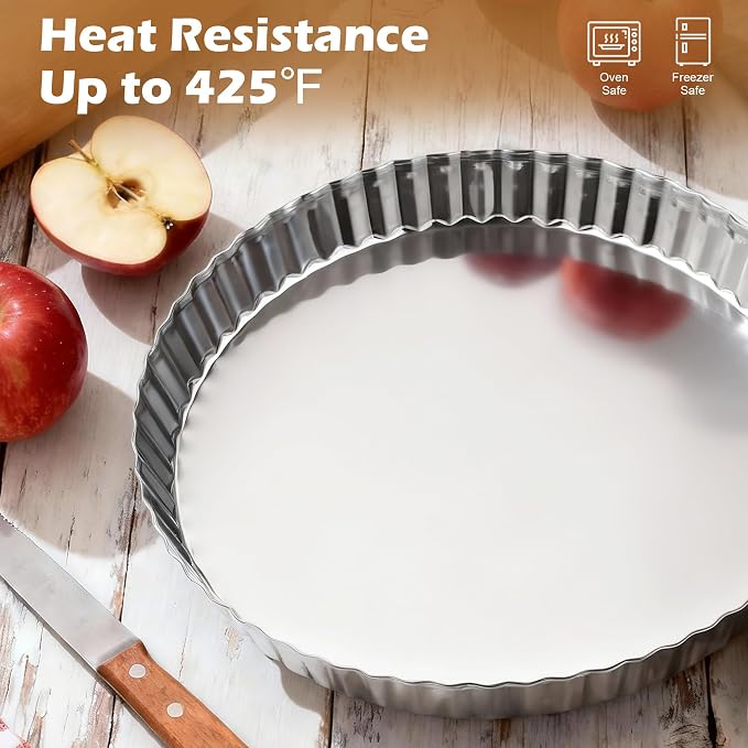 E-far 9.5 Inch Tart Pan, Stainless Steel Pie Quiche Pan Baking Dish for Oven, Reusable Pie Plate Tin with Fluted Edge & Seamless Bottom, No Leakage and Dishwasher Safe, Mirror Silver