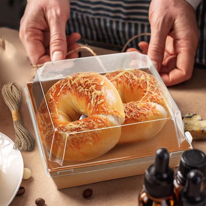 Jetec 150 Pack Charcuterie Boxes with Clear Lids and Rope 4 Inches Cake Disposable Square Dessert Food Box Containers with Lids for Bakery Macaron Cookies Strawberries Fruits Display (Kraft)