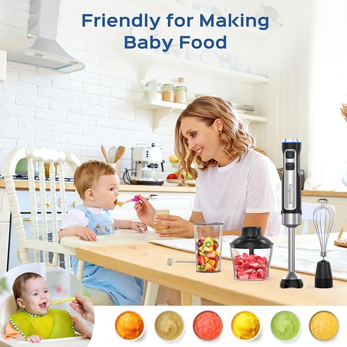 Immersion Blender Handheld 8 in 1 Hand Blender, Electric Blender Max 1000W Immersion Blender with 21 Speed & Turbo Mode, 21 Speed & Turbo Mode, Beaker Chopper Milk Frother Frother Grinder
