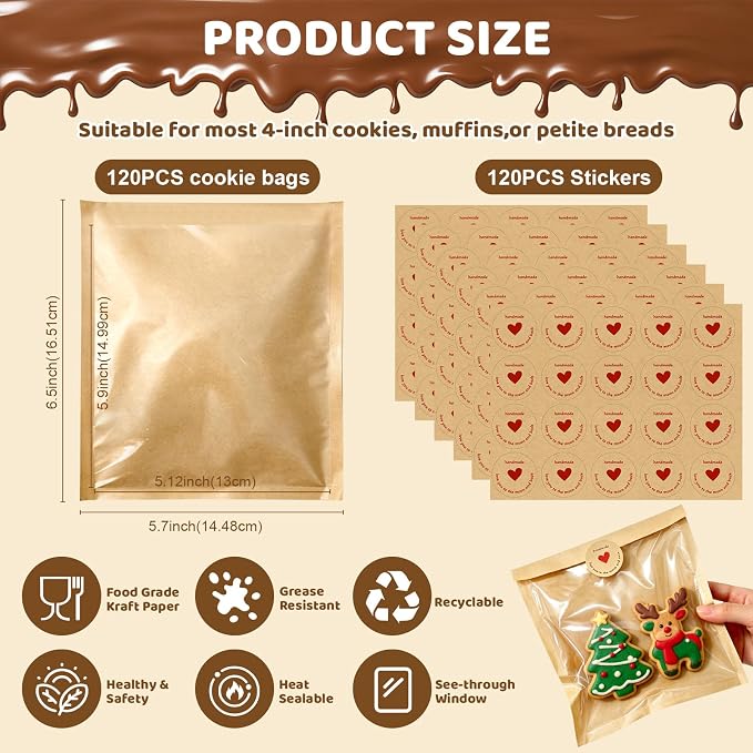 Individual Cookie Packaging Bags with Seal 120 Pack Bakery Bags for Cookies | 5.7x6.5 Inch Kraft Paper Cookie Bags with 120PCS Handmade Sticker Bakery Packaging Bags with Window for Candy Scone Brownie