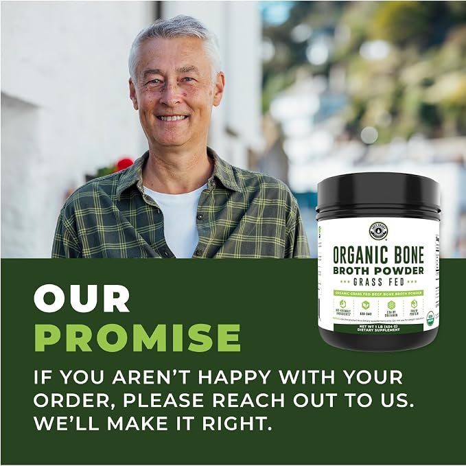 16oz Organic Bone Broth Protein Powder from Grass Fed Beef - USDA Certified Organic, Single Ingredient, Rich in Collagen, Glucosamine, No Additives, Perfect for Carnivore, Paleo, and Keto Diets