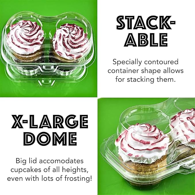 Green Direct 2 Compartment Disposable Cupcake Containers | Clear Cupcake Boxes Airtight | Stackable Cupcake Holders With Lid | Cupcake Plastic Containers Dome Cupcake Carrier BPA Free 10