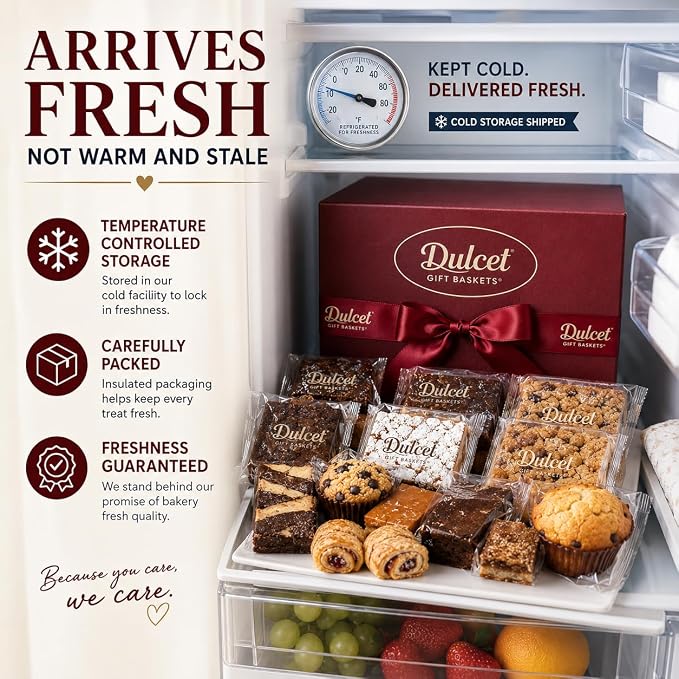 Dulcet Gift Basket – Premium Fresh Gourmet Baked Goods Gift Box for All Occasions – Assorted Brownies, Crumb Cakes, Rugelach & Muffins – Elegant Bakery Dessert Box